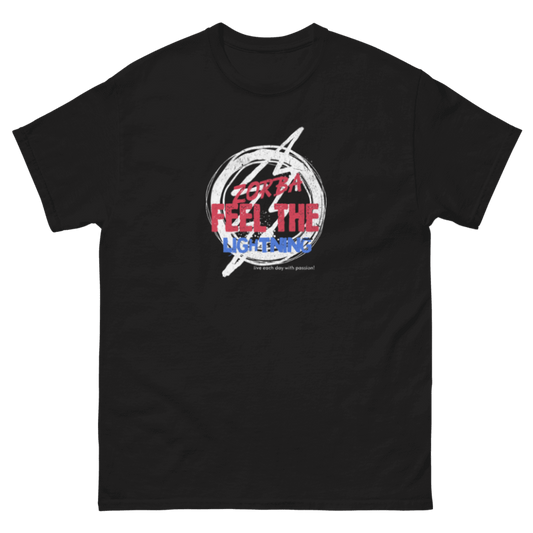 red and blue feel the lightning t-shirt