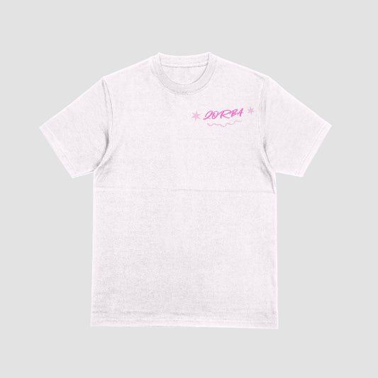 white background pink star zorba t-shirt